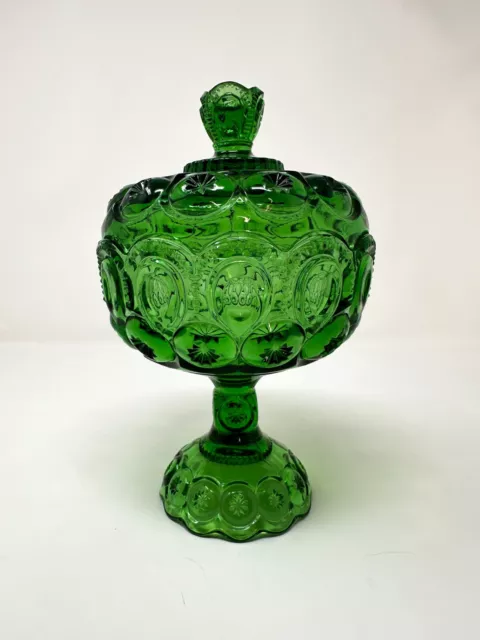 L.E Smith Bright Green Glass Moon And Stars Large Footed Compote With Lid 10"