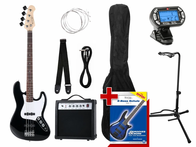 Pack Basse Electrique Guitare Jazz JB-Style Ampli Accordeur Housse Support Noir