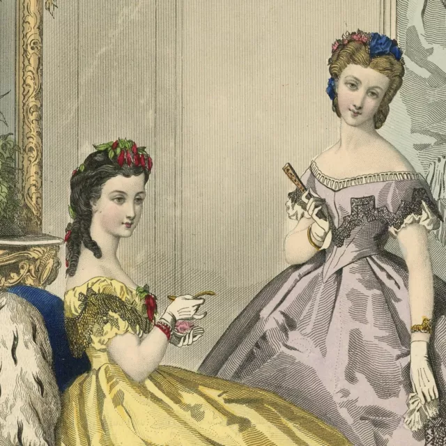 La mode illustrée Robe Bal Princesse Couture - Gravure Aquarelle originale XIXe