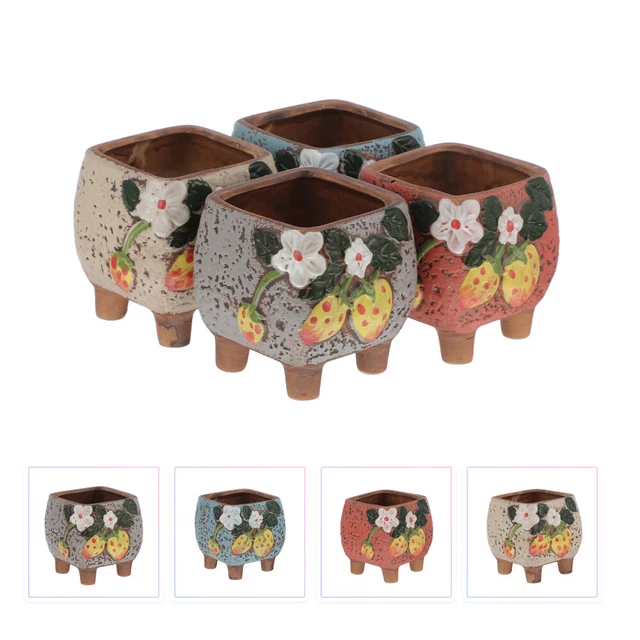 4pcs Keramik -Topf -Erdbeermuster kleiner Pflanzerblumenbehälter mit