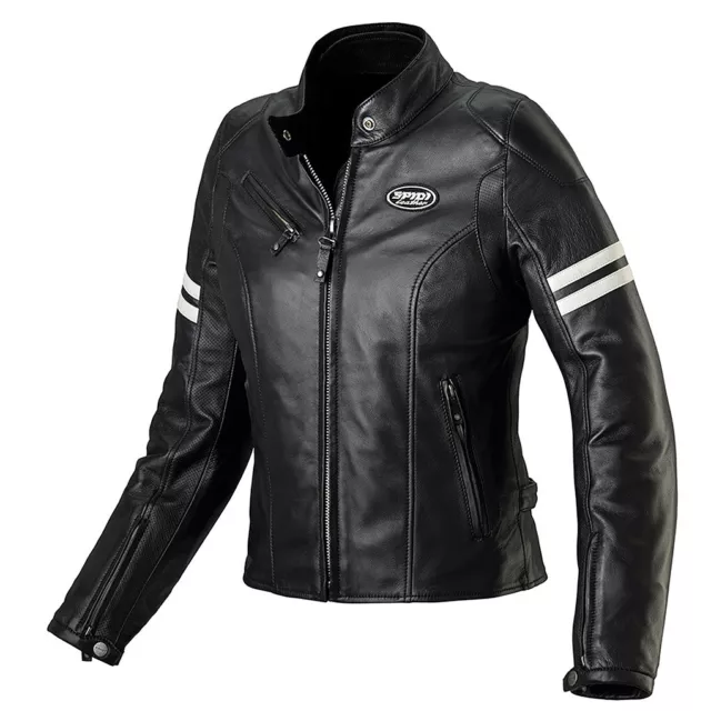 Spidi ACE Lady Ladies Leather Motorcycle Jacket-Black/ICE Cafe Racer Size 18/50