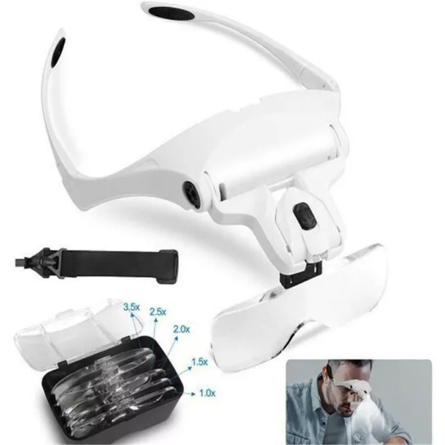 Lightweight Magnifying Glasses Head Light Adjustable 2 LED Magnifier with 5 Lens 2