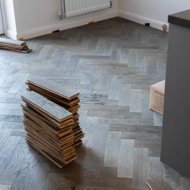 🗿SAMPLE! 18mm Grey Waxed Oiled Oak Herringbone Parquet Engineered Wood Flooring