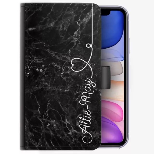 Personnalisé Initiale Téléphone Étui ; Noir Marbre Cuir PU Housse Avec Nom