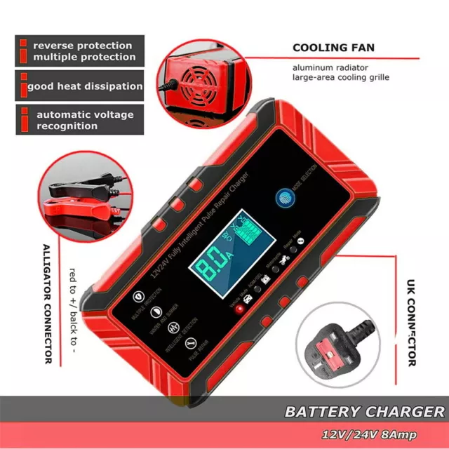 8A 12V 24V Car Battery Charger Trickle Smart Repair LCD Motorcycle Caravan Truck 3