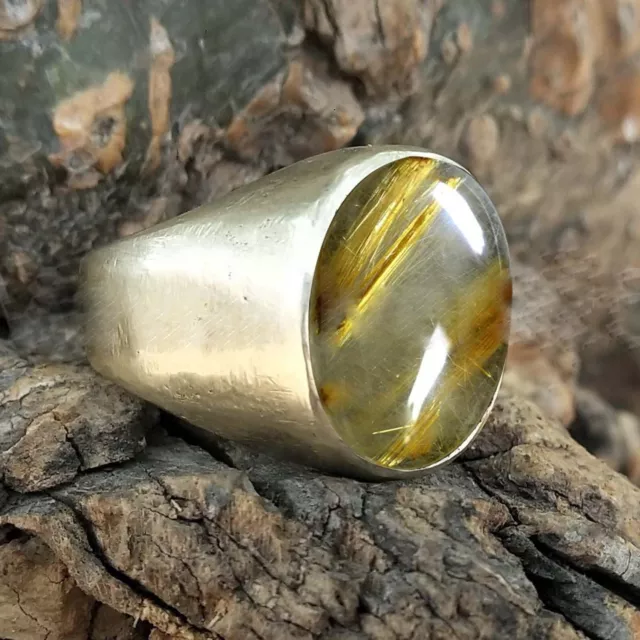 Solid 925 Sterling Silver Natural Golden Rutilated Quartz Gemstone Men's Ring