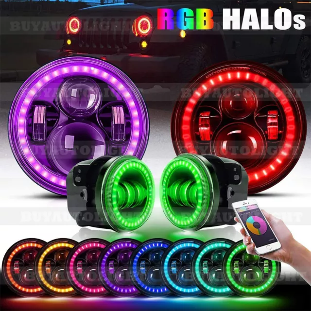 7inch LED Headlights Projector Fog Lights RGB Halo Combo Kit For GQ PATROL Jeep