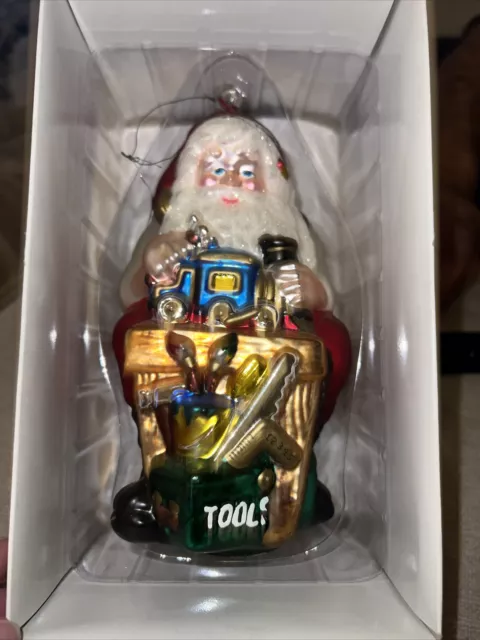 Oversized Vintage Mercury Glass Blown Santa And Workbench Dept 56 Ornament