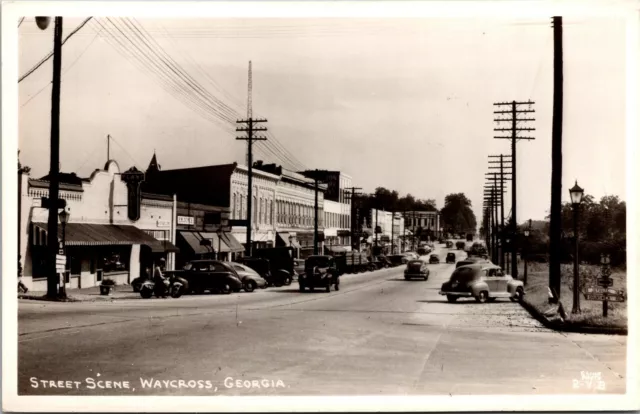 Vtg Waycross GA Street Scene View Old Cars Plant Avenue RPPC 1940s Postcard