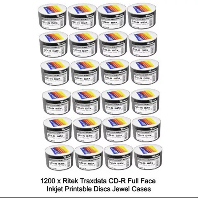 1200 x Ritek Traxdata CD-R Full Face 52x 4.7GB Inkjet Printable Discs in Shrink