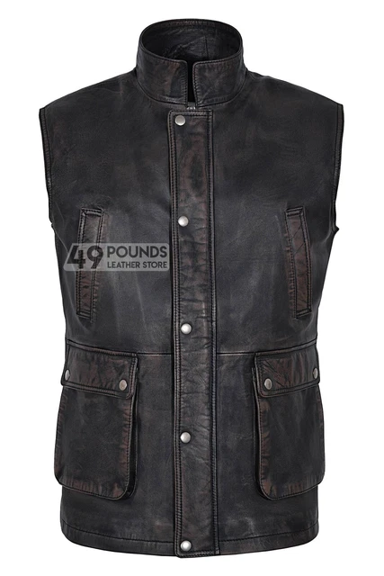 Men's Sleeveless Jacket Real Leather Black Bronze Classic REAL LEATHER Waistcoat