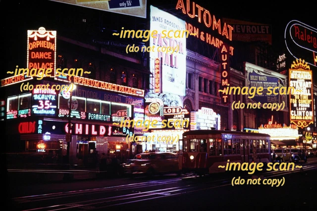Trolley at Broadway Manhattan New York City NYC in 1940, Kodachrome Slide k17a