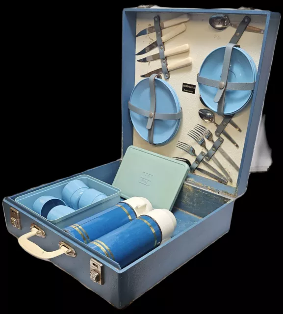 Vintage Sirram Brexton Picnic Hamper Case Set 2 Blue Thermos Flasks 60s Retro