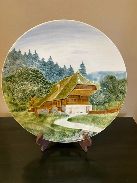 Vintage LARGE Majolica 3D Decorative Wall Plate Farmhouse Chalet W. Germany-16”