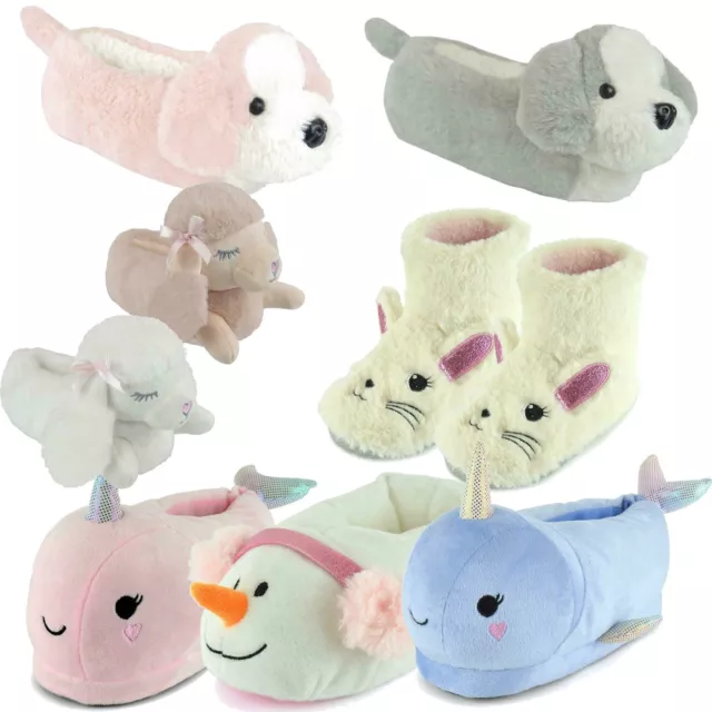 Girls Kids 3D Novelty Plush Fleece Warm Slippers Bootee Xmas Gift Size 9 - 3