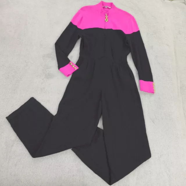 St John Santana Knit Jumpsuit Womens 6 Black Hot Pink Colorblock Vintage