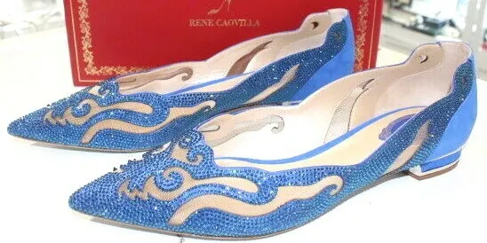 Rene Caovilla Blue Crystal-Embellished Suede&Mesh Flat-Sz 40-New W Box&Authentic