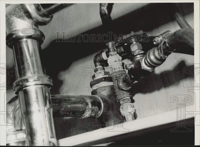 1984 Press Photo View of salted over valves and pipes at home of Beverly Ames.