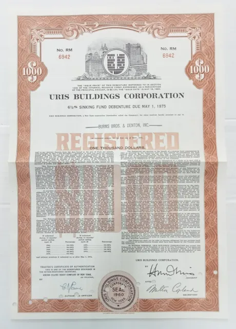 USA Uris Buildings Corporation 1975 share certificate for 1000 shares
