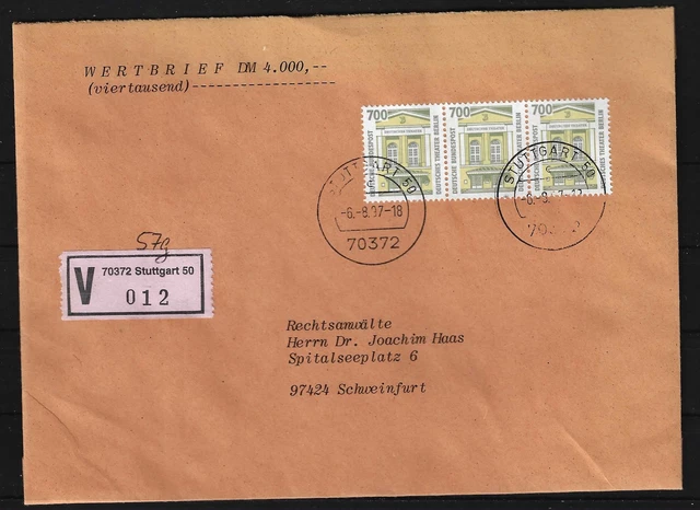 Bund BRD Nr. 1691 als 3er-Streifen auf Wertbrief Stuttgart - Schweinfurt, 1997