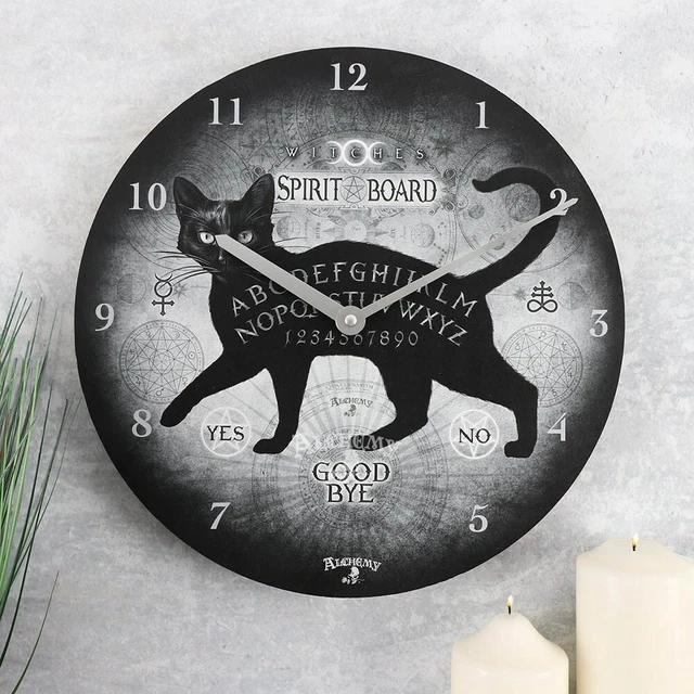 Black Cat Spirit Board von Alchemy Gothic Wanduhr, Katze Dreifachmond Ouija