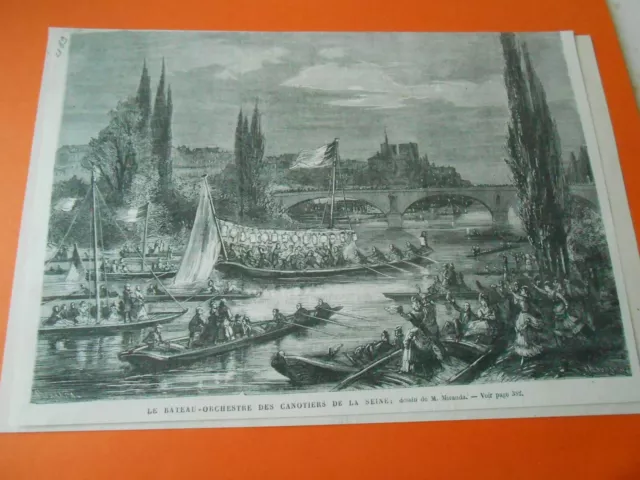 Gravure 1869 - Le Bateau orchestre des canotiers de la Seine