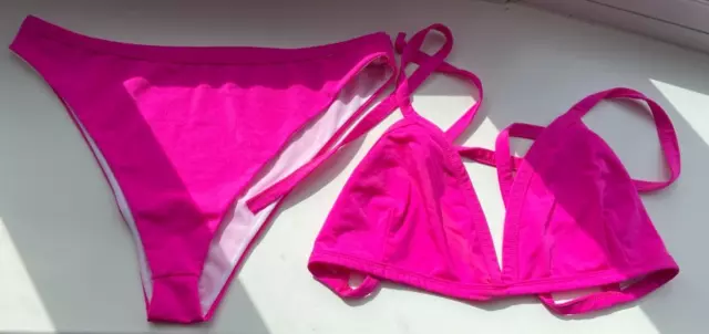PLT Metallic Hot Pink Triangle Bikini Self Tie Top High Leg Sexy Lined Size 18