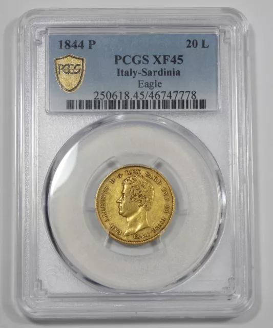 1844-P  ITALY Sardinia Carlo Alberto GOLD 20 Lire Eagle PCGS Secure Plus XF 45