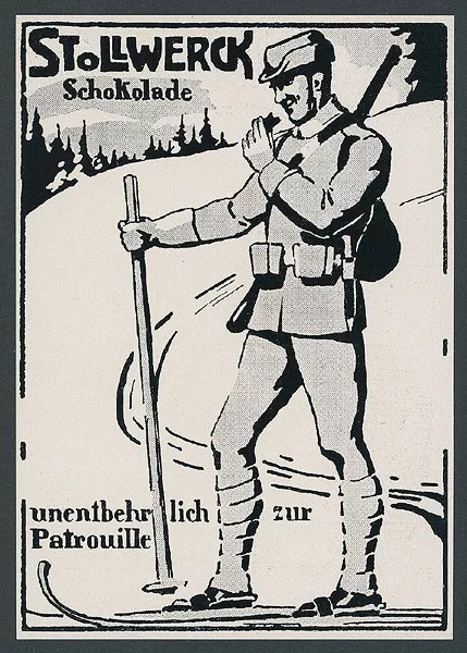 Reklame Stollwerck Schokolade dt Alpenkorps Skipatrouille Vogesen Westfront 1915