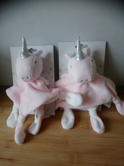 Lot 2 doudou plat licorne rose blanc corne argentée Mes Petits Cailloux neufs