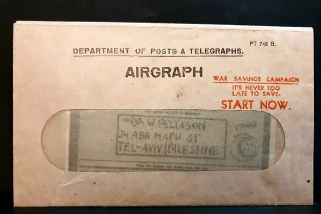 80404 - RARE 1944 WWII  'AIRGRAPH' from UK to PALESTINA w/ RETURN REQUEST LABEL