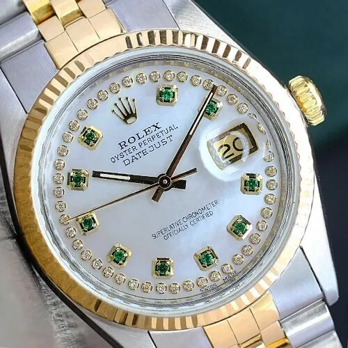 Rolex Mens Datejust  16233 Two-Tone White Emerald Dial Fluted Bezel 36Mm Watch