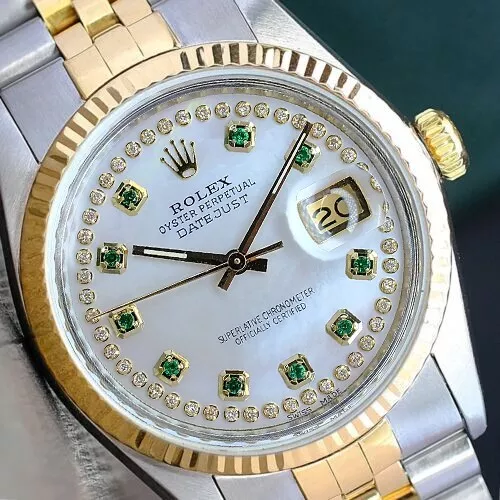 Rolex Mens Datejust  16233 Two-Tone White Emerald Dial Fluted Bezel 36Mm Watch