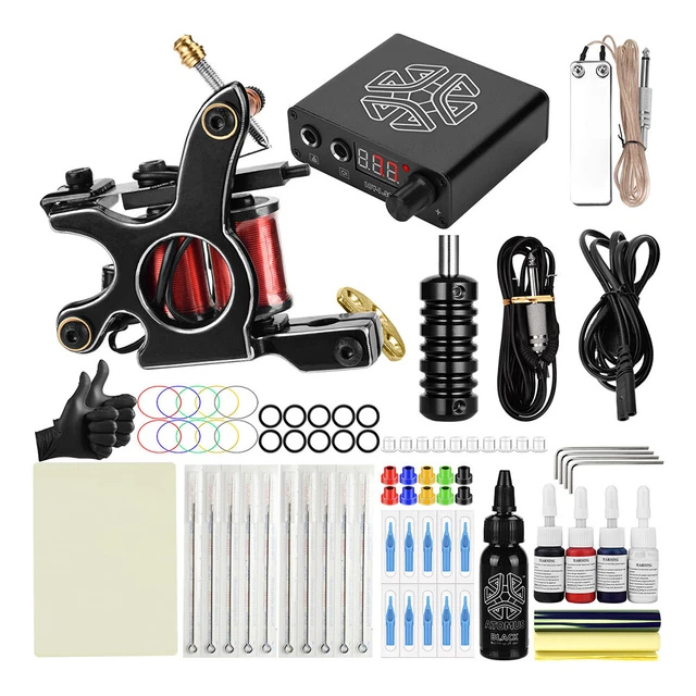 Kit completo de tatuaje para principiantes máquinas de bobinas para colorear práctica secante empuñaduras de tatuaje