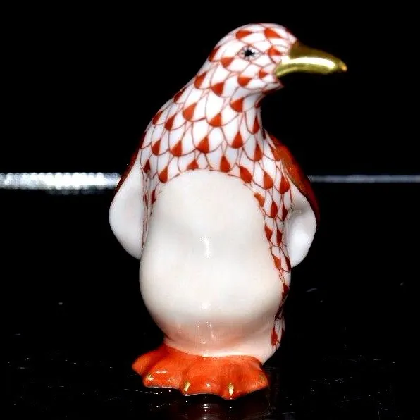 Herend Guild, Miniature 2" Penguin Porcelain Figurine, Rust Fishnet, Flawless