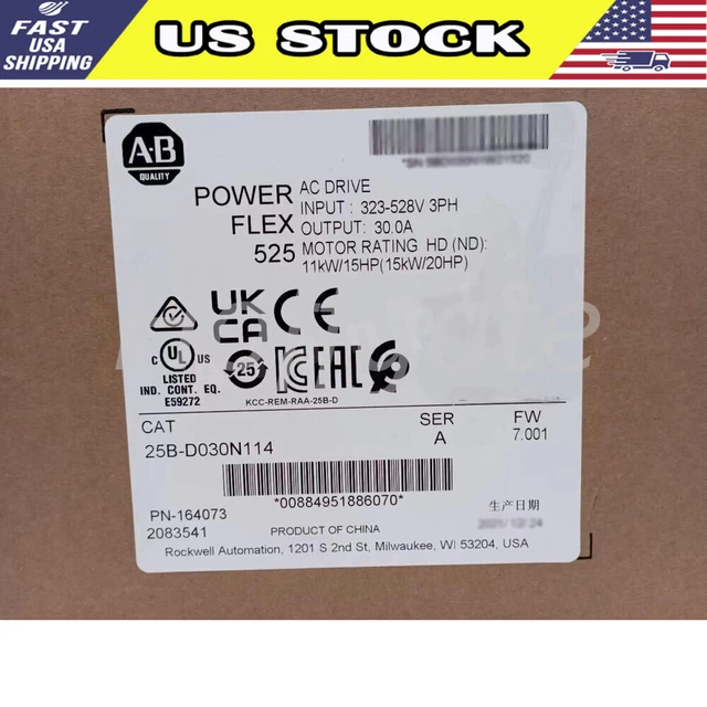 2020-2023 New Allen-Bradley 25B-D030N114 Powerflex 525 15kW 20Hp AC Drive