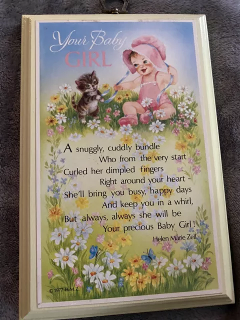 VTG Your Baby Girl Wooden Wall Hanging Plaque Yellow Nursery Decor 1977