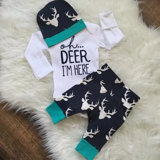 3PCS Newborn Infant Baby Boy Deer Outfit Romper Tops+Pants+Hat Clothes Set