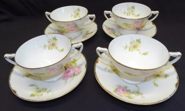 Rosenthal Bavaria 5 Bouillon Cups & Saucers -Pink, Yellow Roses Gold Trim