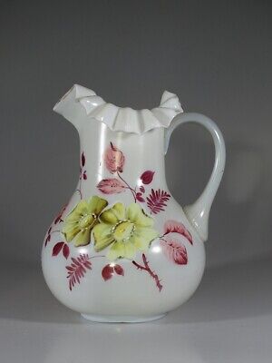 Victorian Hand Painted Milk Glass Pitcher Yellow Floral Motif c.1890