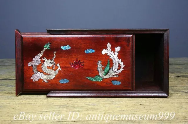 8.8" Old Chinese Huanghua pear Wood Carved Dynasty Dragon Phoenix Storage Box