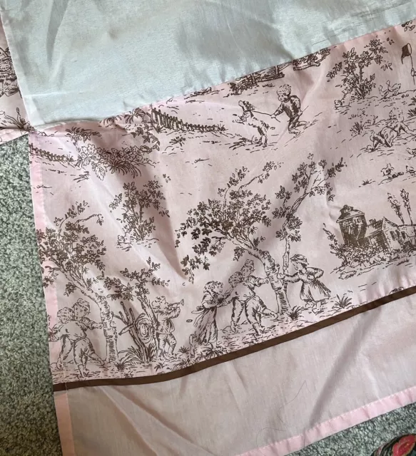 Pink & Brown Toile Crib Skirt Plus Diaper Stacker Cotton Poly Blend Nursery Set 3