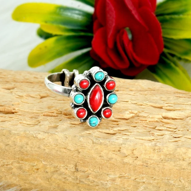 Bague Cocktail En Argent 925 Sertie De Turquoise Et Corail - Créateur Italien - Taille Réglable - Occasion