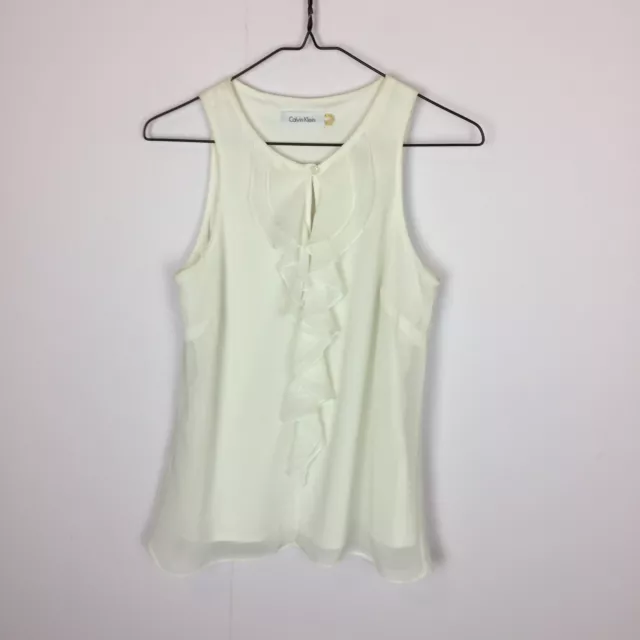 Calvin Klein Blouse Tank Top PS Womans Petite White V-Neck Ruffle Sleeveless