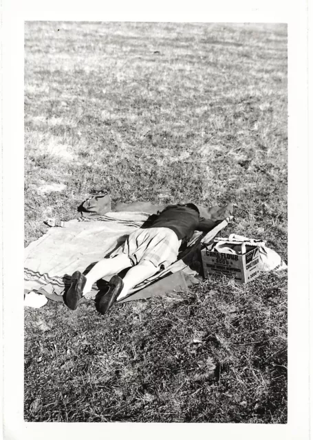 Vintage Old 1940's Funny Photo of Woman Lying Flat Face Down on Grass in Skirt