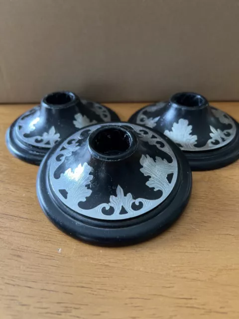 Vtg Harvite Art Deco Black Inlaid Silver Candlestick Holders, 4" diameter. 2