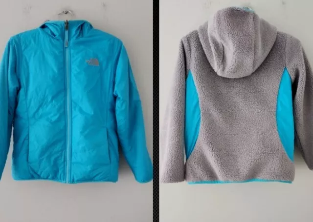 The North Face Girl's Reversible Puff Hooded Blue/Gray Sherpa Full Zip Jacket! M