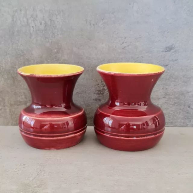 2 Vintage Australian Pottery Small Vases Red Yellow  8cm tall Pair 20th Century