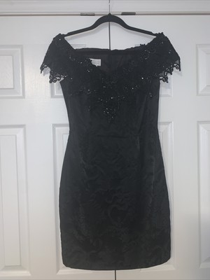 Vtg 80s SCOTT MCCLINTOCK Pencil Dress Off Shoulder Black Lace Sequin Prom Sz 10