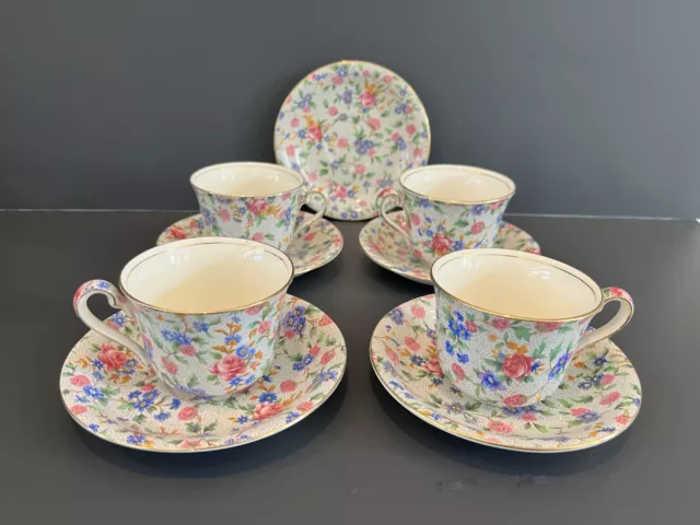 Vintage Royal Winton Old Cottage Chintz 4 Cups & 5 Saucers Grimwades England